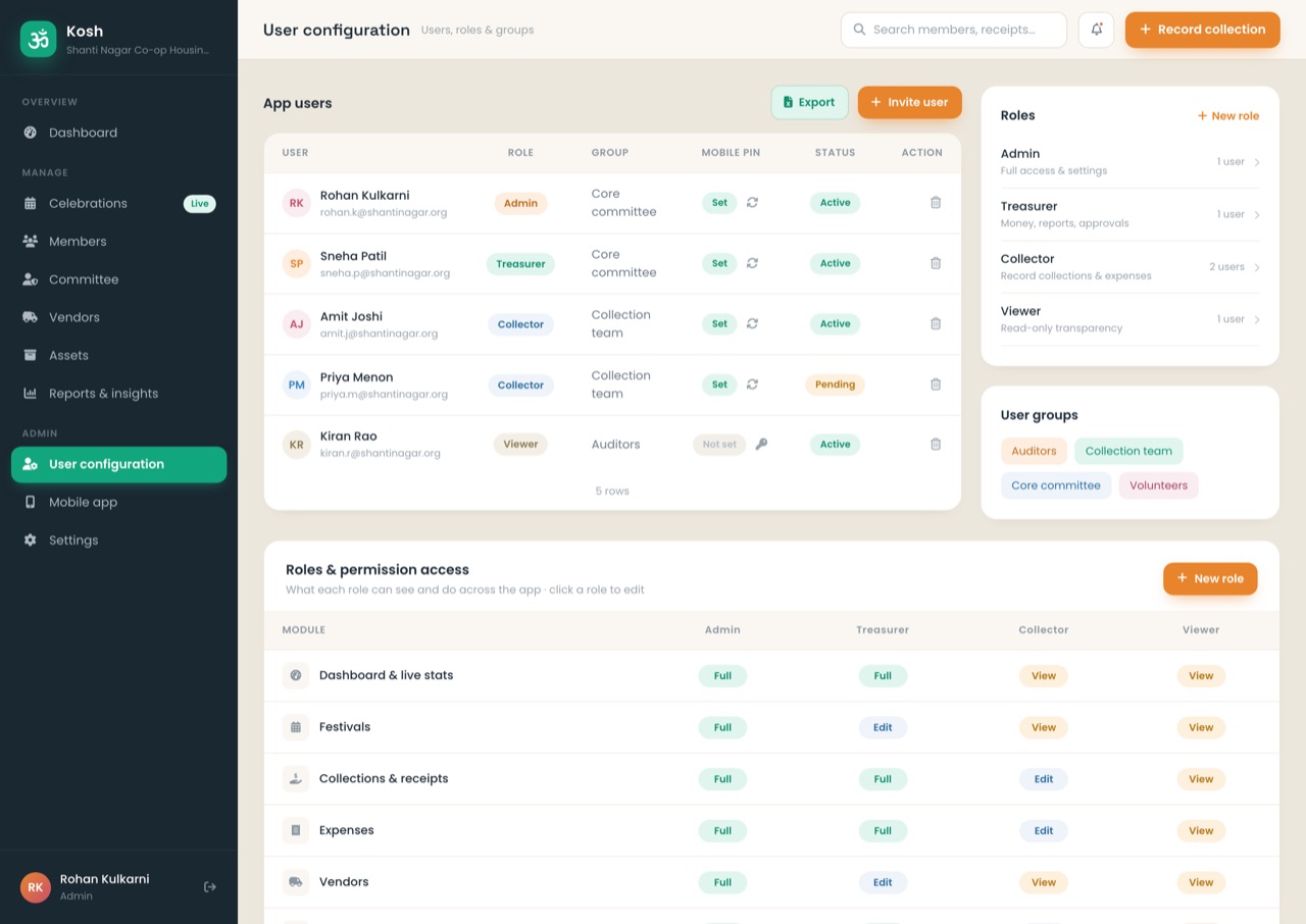 Roles, permissions & mobile PINs