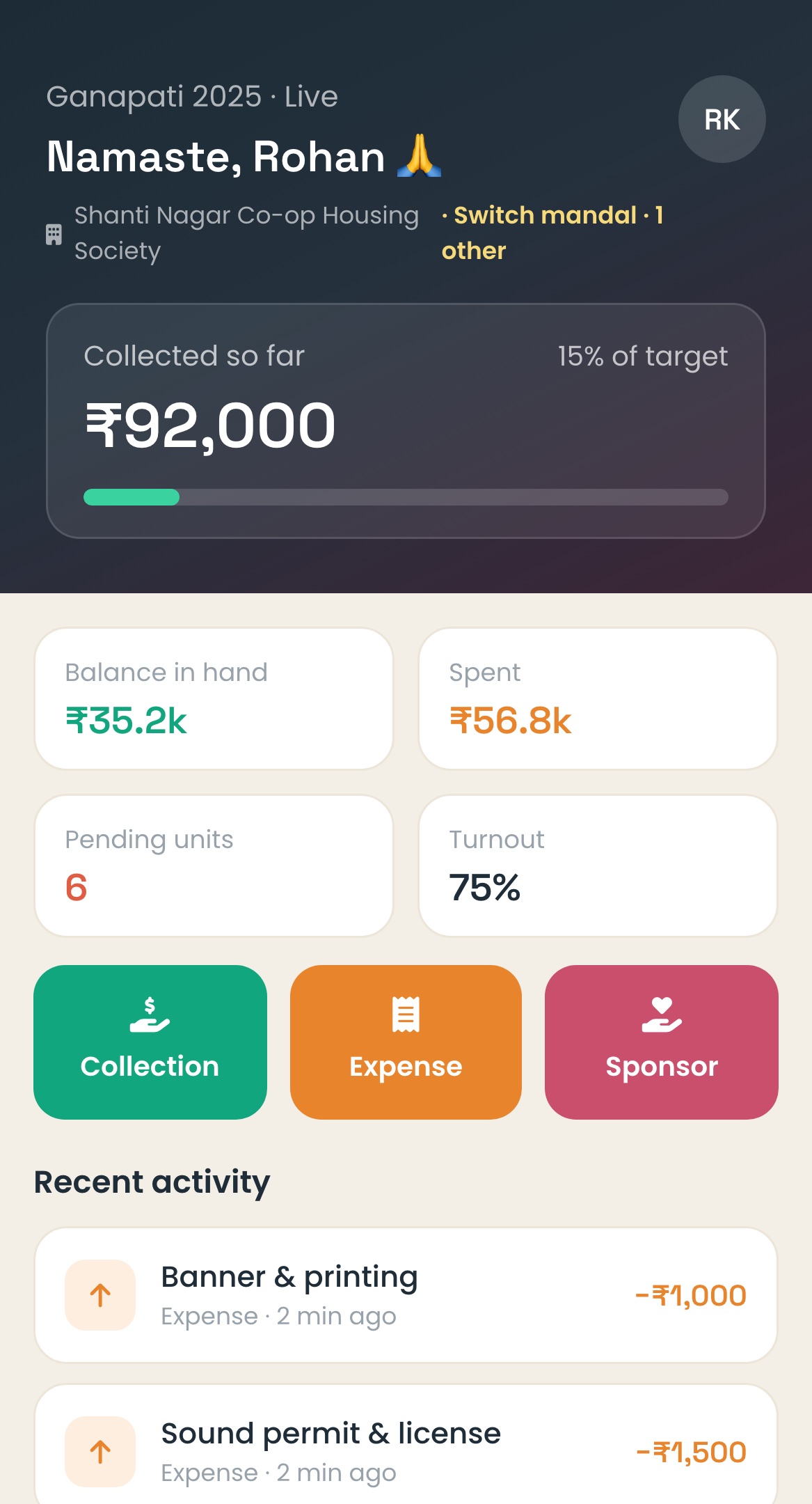 Om Kosh mobile app home screen showing live festival totals for a committee member.